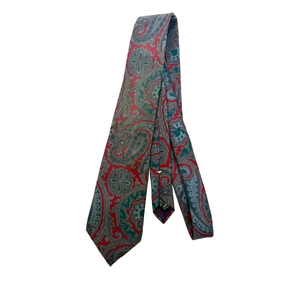 Kenneth Stevens Silk Tie Paisley Red Grey Teal Blue Made in USA Italian Fabric